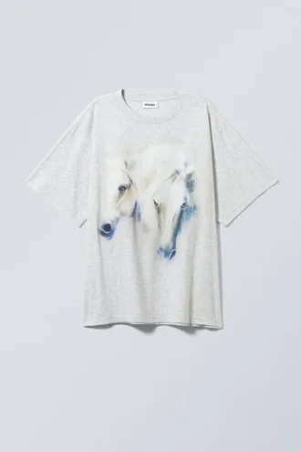Gen bedrucktes T-Shirt – Pferde, grau meliert