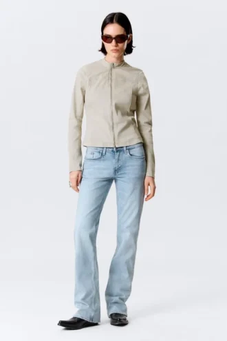 Genevieve Slim Structured Baumwolljacke mit Reißverschluss – Hellbeige