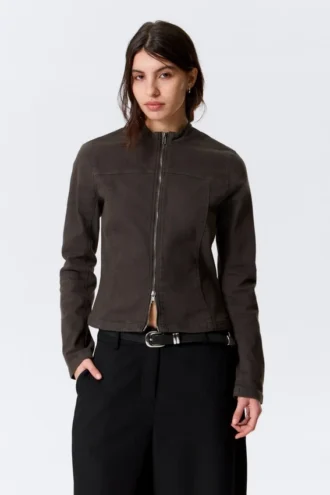Genevieve Slim strukturierte Baumwolljacke mit Reißverschluss – Dunkelgrau