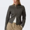 Genevieve Slim strukturierte Baumwolljacke mit Reißverschluss – Dunkelgrau