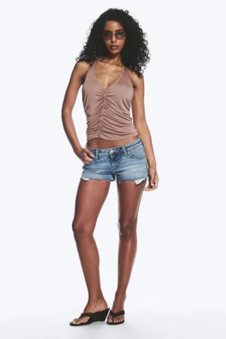 Gerafftes Jersey-Haltertop – gewaschenes Braun