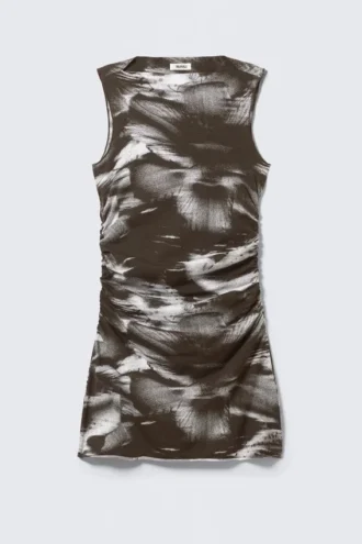 Gerafftes Jersey-Minikleid – Dunkelbraun – Abstrakte Blumenmuster