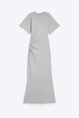 Gerafftes, kurzärmeliges Maxikleid – Hellstaubgrau meliert