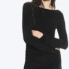 Gerafftes, langärmeliges Minikleid mit U-Boot-Ausschnitt – Schwarz – Strasssteine Gerafftes, langärmeliges Minikleid mit U-Boot-Ausschnitt – Schwarz – Strasssteine