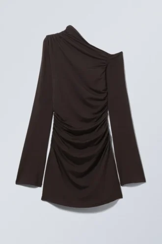 Gerafftes Minikleid mit langen Ärmeln – Dunkelbraun