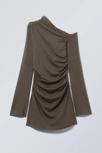 Gerafftes Minikleid mit langen Ärmeln – Dunkelbraun