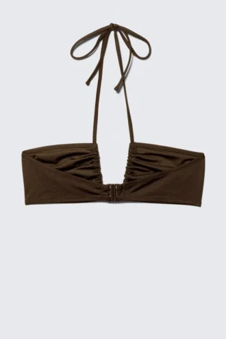Gerafftes Neckholder-Bandeau-Bikini-Oberteil – Dunkelbraun
