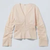 Gerafftes Popeline-Hemd mit V-Ausschnitt – Beige Gerafftes Popeline-Hemd mit V-Ausschnitt – Beige