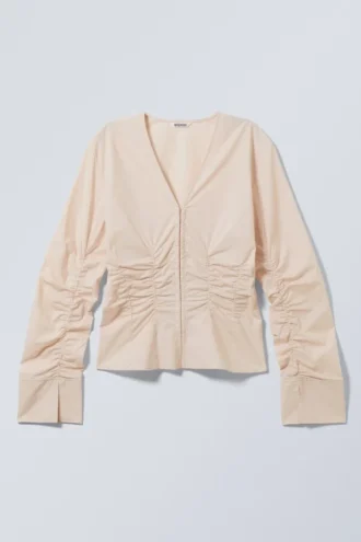 Gerafftes Popeline-Hemd mit V-Ausschnitt – Beige