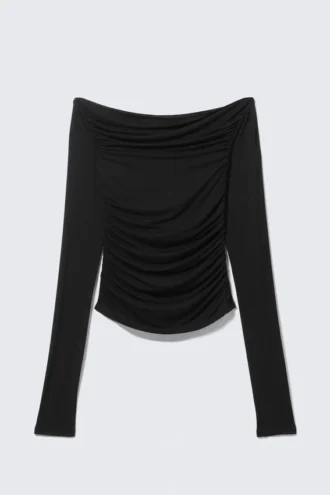 Gerafftes, schulterfreies Langarmshirt – Schwarz
