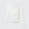 Gerafftes, schulterfreies Langarmshirt – Weiß Gerafftes, schulterfreies Langarmshirt – Weiß