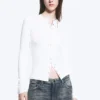 Gerippte Langarm-Strickjacke – Weiß Gerippte Langarm-Strickjacke – Weiß