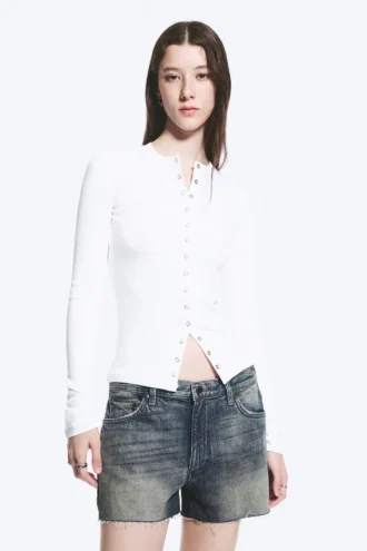Gerippte Langarm-Strickjacke – Weiß