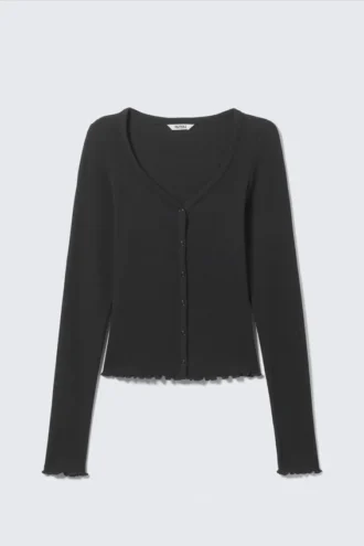 Gerippte, langärmelige Pyjama-Strickjacke – Schwarz