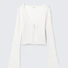 Gerippte Strickjacke mit Bindeband vorne – Weiß Gerippte Strickjacke mit Bindeband vorne – Weiß