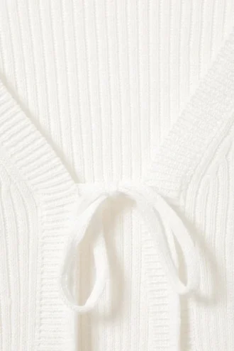Gerippte Strickjacke mit Bindeband vorne – Weiß