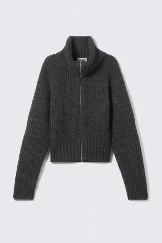 Gerippte Strickjacke mit Reißverschluss – Dunkelgrau meliert