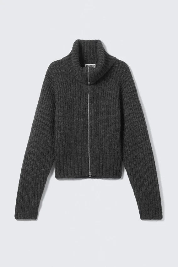 Gerippte Strickjacke mit Reißverschluss – Dunkelgrau meliert Gerippte Strickjacke mit Reißverschluss – Dunkelgrau meliert
