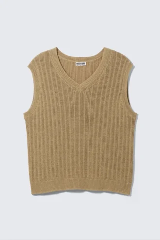 Gerippte Strickweste mit V-Ausschnitt – Beige