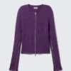 Gerippte, taillierte Strickjacke mit Reißverschluss – Dunkelviolett Gerippte, taillierte Strickjacke mit Reißverschluss – Dunkelviolett