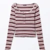 Geripptes Mini-Henley-Top – Dunkelrot & rosa Streifen
