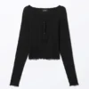 Geripptes Mini-Henley-Top – Schwarz