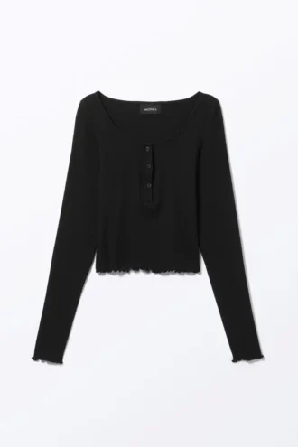 Geripptes Mini-Henley-Top – Schwarz