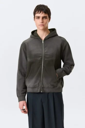 Geschrumpfter Kapuzenpullover mit Reißverschluss im Used-Look – Dunkelgrau