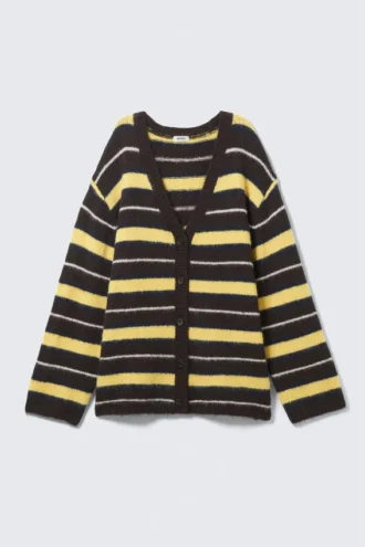 Gestreifte Strickjacke mit V-Ausschnitt – dunkelbraune und gelbe Streifen