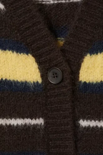 Gestreifte Strickjacke mit V-Ausschnitt – dunkelbraune und gelbe Streifen