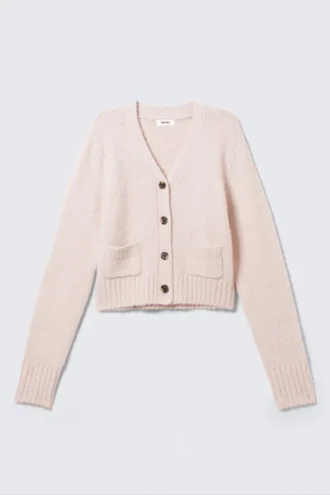 Gestreifte Strickjacke mit V-Ausschnitt – Hellrosa