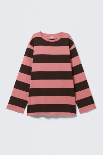Gestreiftes langärmeliges Minikleid – rosa & braune Streifen
