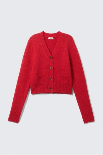 Gestreite Strickjacke mit V-Ausschnitt – leuchtend rot