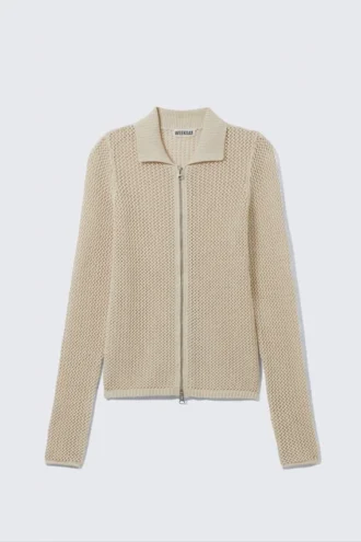 Gestrickte Baumwoll-Strickjacke mit Reißverschluss – Hellbeige