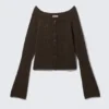 Gestrickte Strickjacke aus Wollmischung mit Noppen – Dunkelbraun meliert