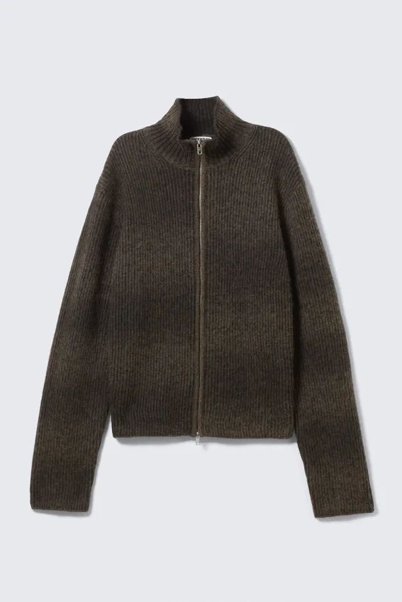 Gestrickte Strickjacke mit Reißverschluss aus Wollmischung – Dunkelbraun, Space-Dye Gestrickte Strickjacke mit Reißverschluss aus Wollmischung – Dunkelbraun, Space-Dye