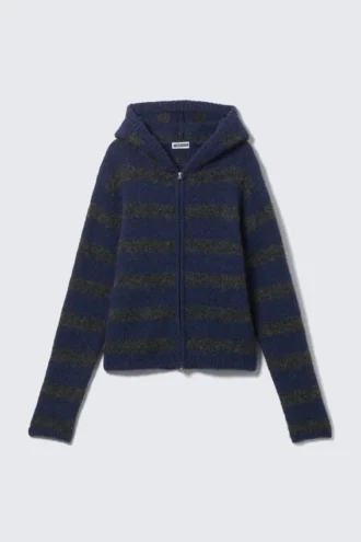 Gestrickter Kapuzenpullover aus Wollmischung mit Reißverschluss – Blau-grau gestreift