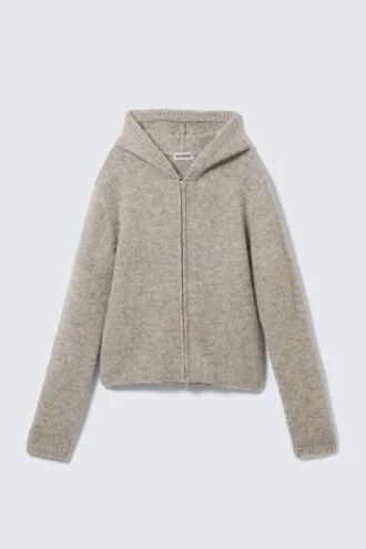 Gestrickter Kapuzenpullover aus Wollmischung mit Reißverschluss – Dark Mole Melange