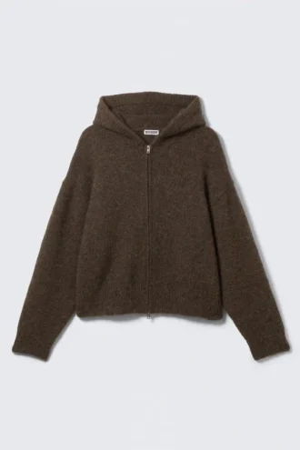 Gestrickter, kastenförmiger Kapuzenpullover aus Wollmischung mit Reißverschluss – Dunkelbraun meliert