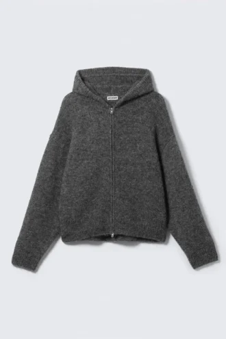 Gestrickter, kastenförmiger Kapuzenpullover aus Wollmischung mit Reißverschluss – Dunkelgrau