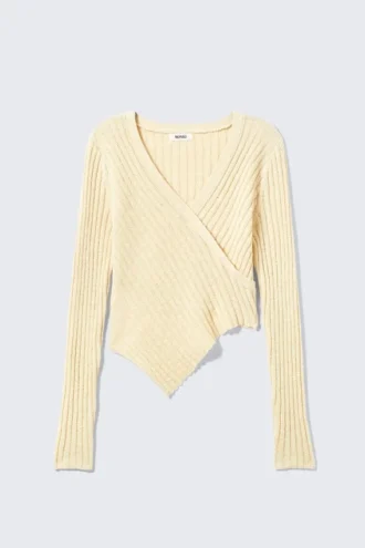 Gestrickter, wickelartiger Pullover mit asymmetrischem V-Ausschnitt – Hellstaubbeige