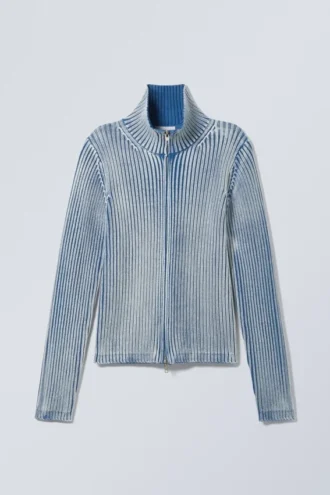 Gewaschene Strickjacke mit Stehkragen und Reißverschluss – gewaschenes Blau