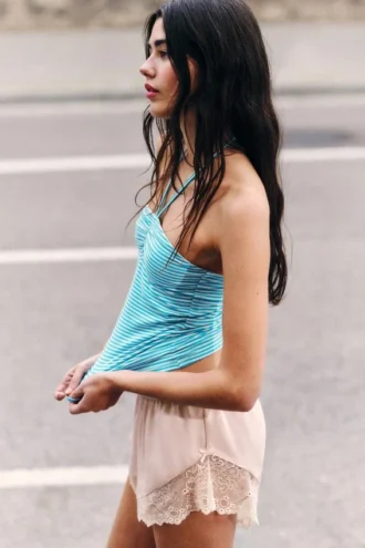Halter-Bandeau-Top – Weiß-türkisfarbene Streifen