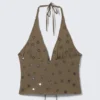 Haltertop mit Bindeband vorne – Dark Mole – Pailletten Haltertop mit Bindeband vorne – Dark Mole – Pailletten