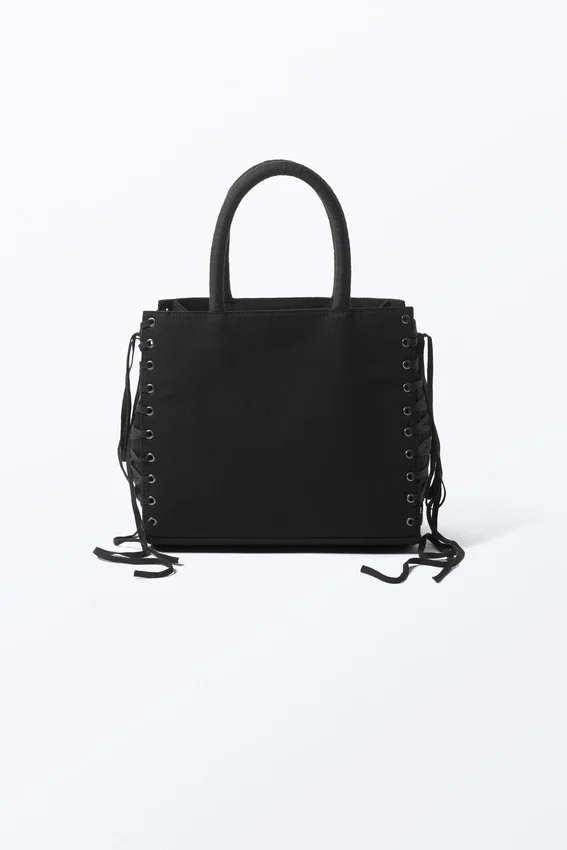 Handtasche aus Baumwolle mit Schnürung – Schwarz Handtasche aus Baumwolle mit Schnürung – Schwarz