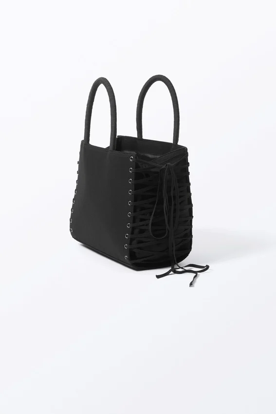 Handtasche aus Baumwolle mit Schnürung – Schwarz Handtasche aus Baumwolle mit Schnürung – Schwarz