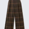 Hose mit hoher Taille und weitem Bein – kariert, braun