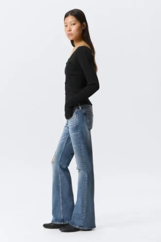 Hour Low Rise Skinny Bootcut Distressed Jeans – Blue Horses – Mittelblau