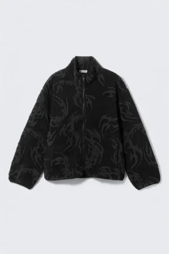 Jacquard-Muster-Fleecejacke mit Reißverschluss – Schwarz – Tribal