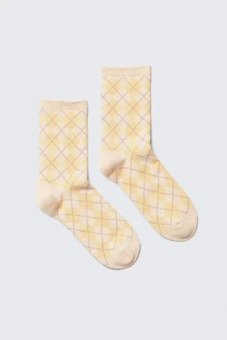 Jacquard-Strick-Argyle-Socken – Ecru & Staubgelb Argyle